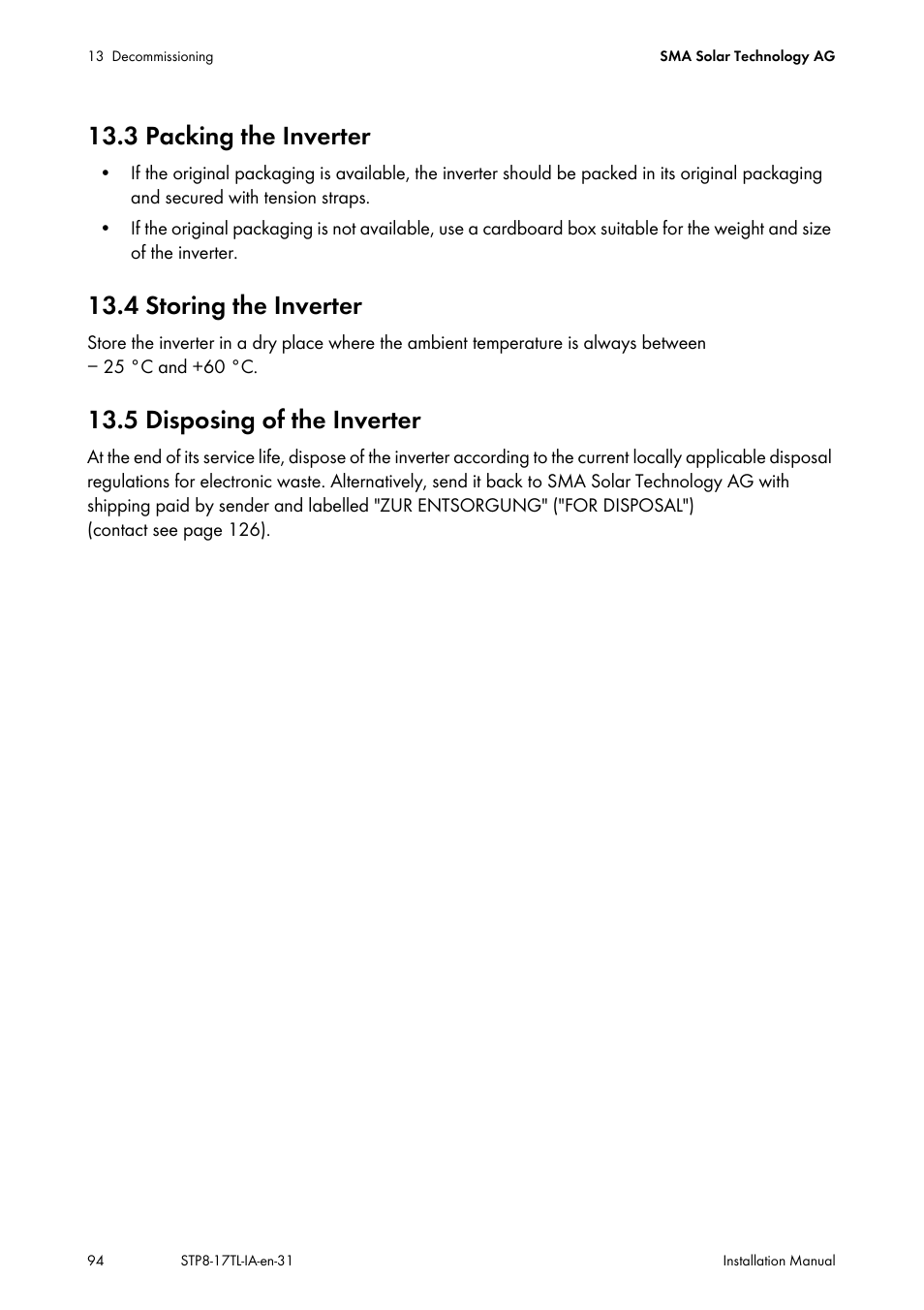 3 packing the inverter, 4 storing the inverter, 5 disposing of the inverter | SMA STP 8000TL-10 User Manual | Page 94 / 128