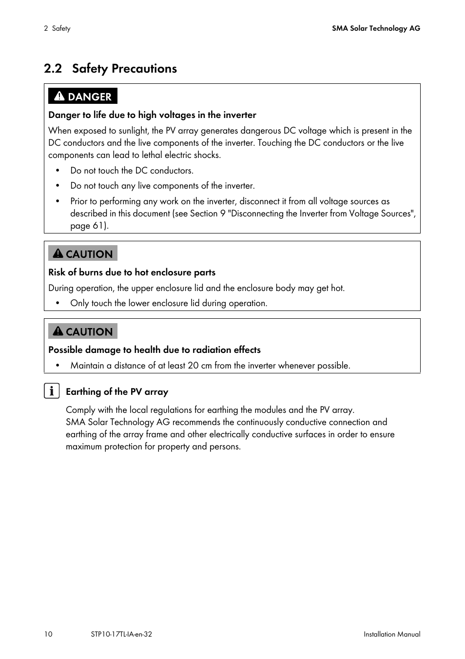 2 safety precautions | SMA STP 10000TL-10 Installation User Manual | Page 10 / 116