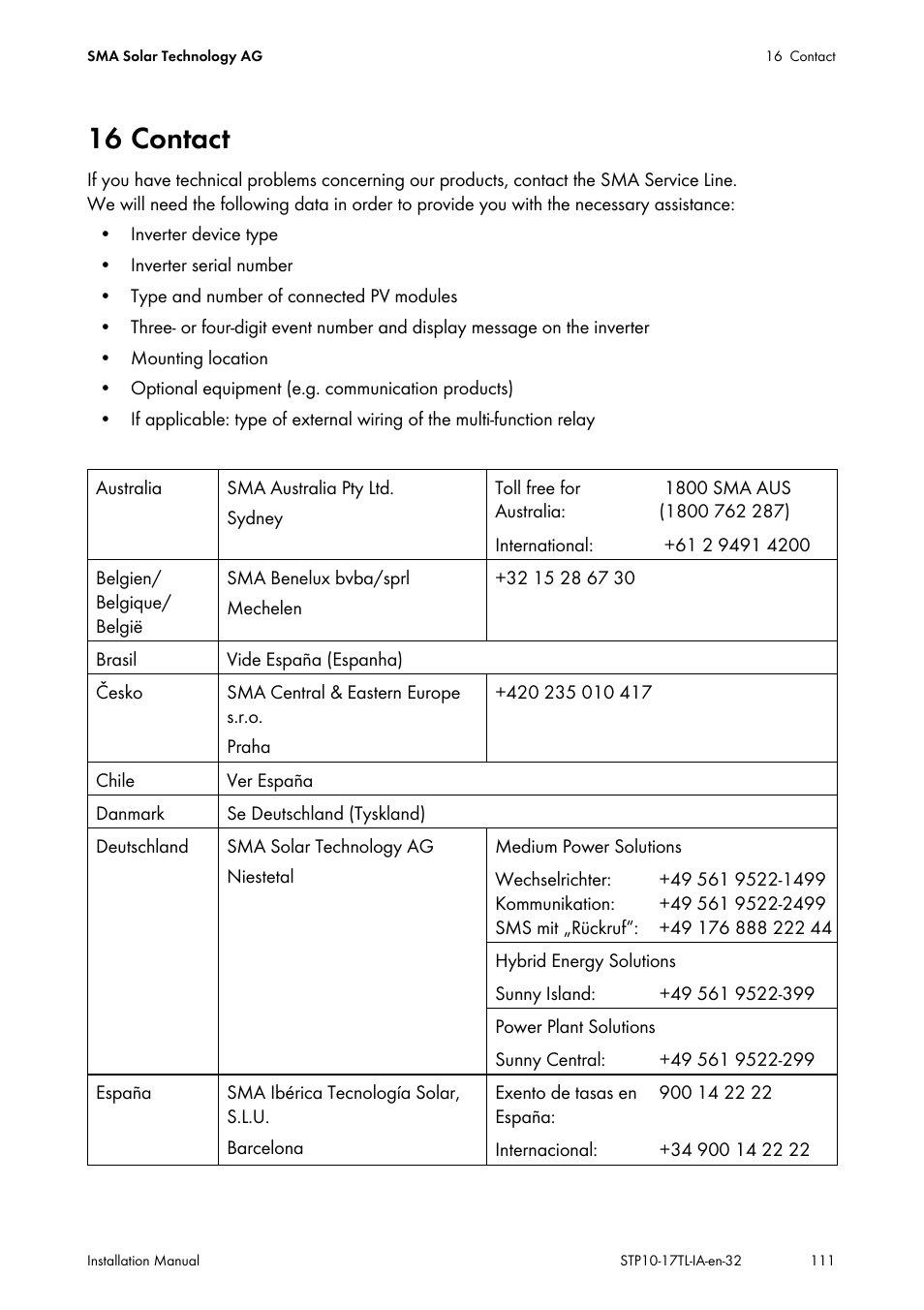 16 contact | SMA STP 10000TL-10 Installation User Manual | Page 111 / 116