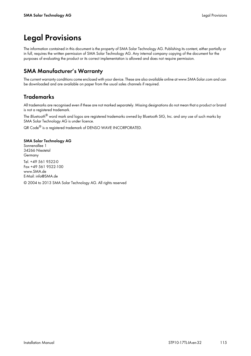 Legal provisions, Sma manufacturer’s warranty, Trademarks | SMA STP 10000TL-10 Installation User Manual | Page 115 / 116