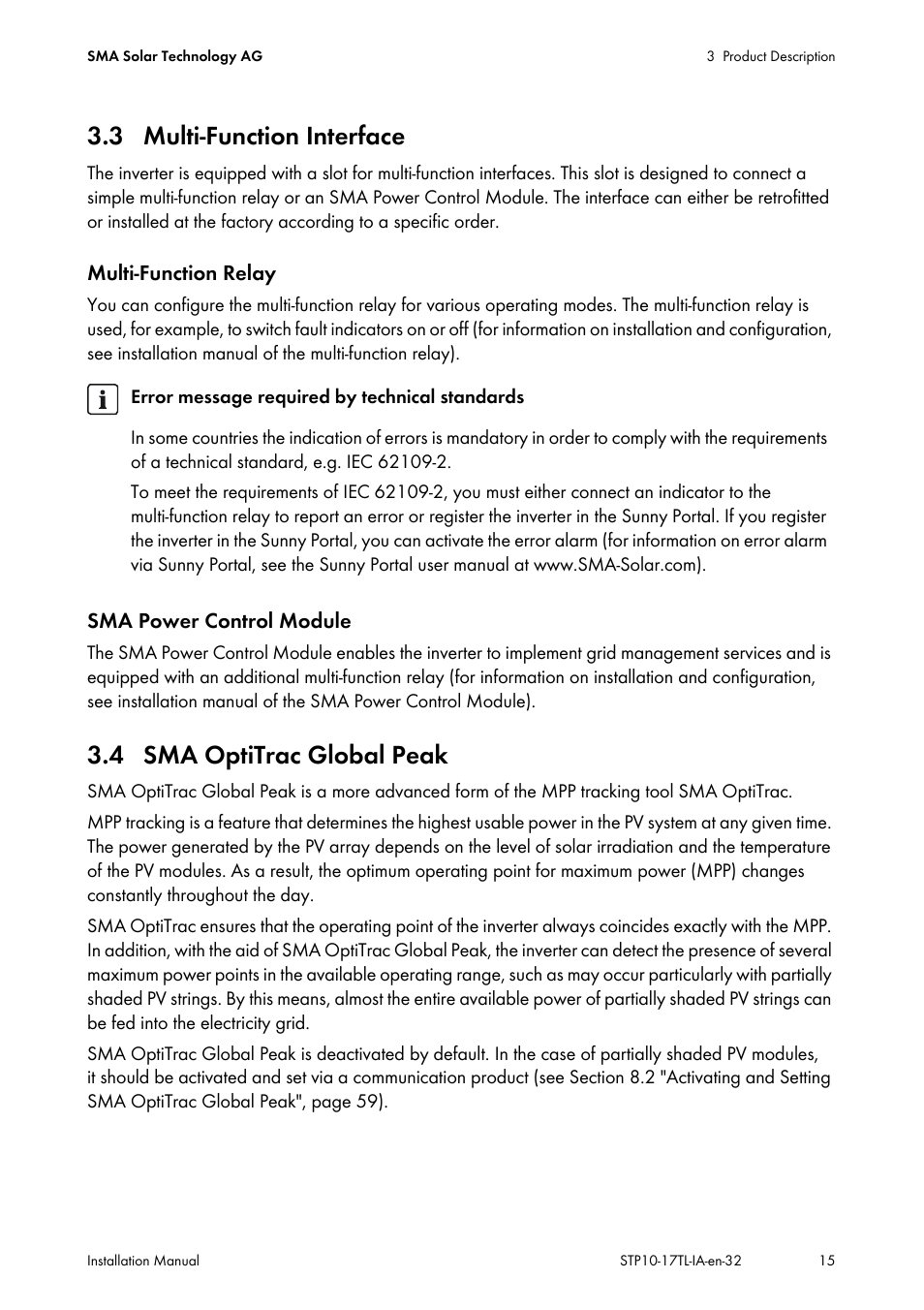 3 multi-function interface, 4 sma optitrac global peak | SMA STP 10000TL-10 Installation User Manual | Page 15 / 116