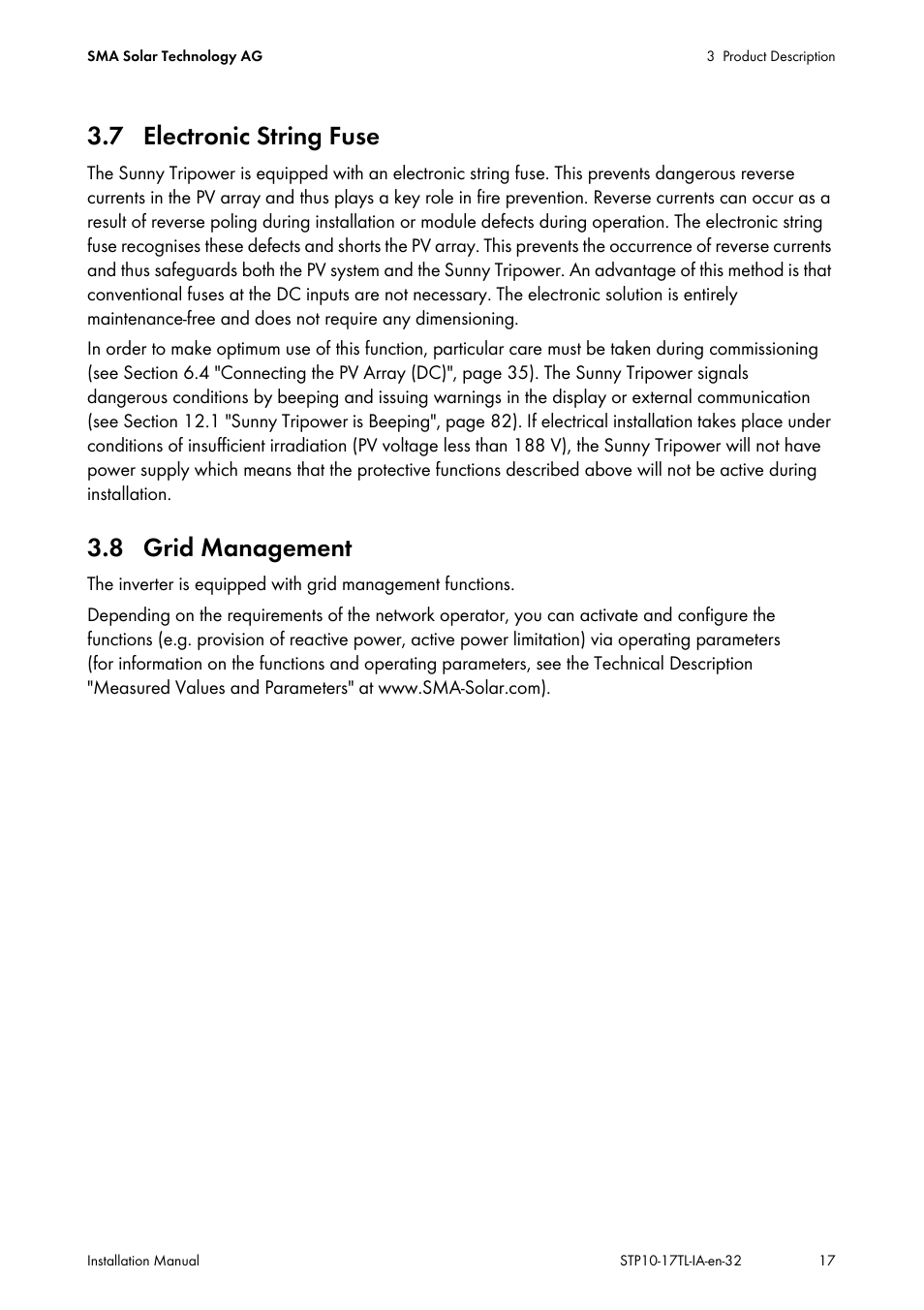 7 electronic string fuse, 8 grid management, 7 electronic string fuse 3.8 grid management | SMA STP 10000TL-10 Installation User Manual | Page 17 / 116