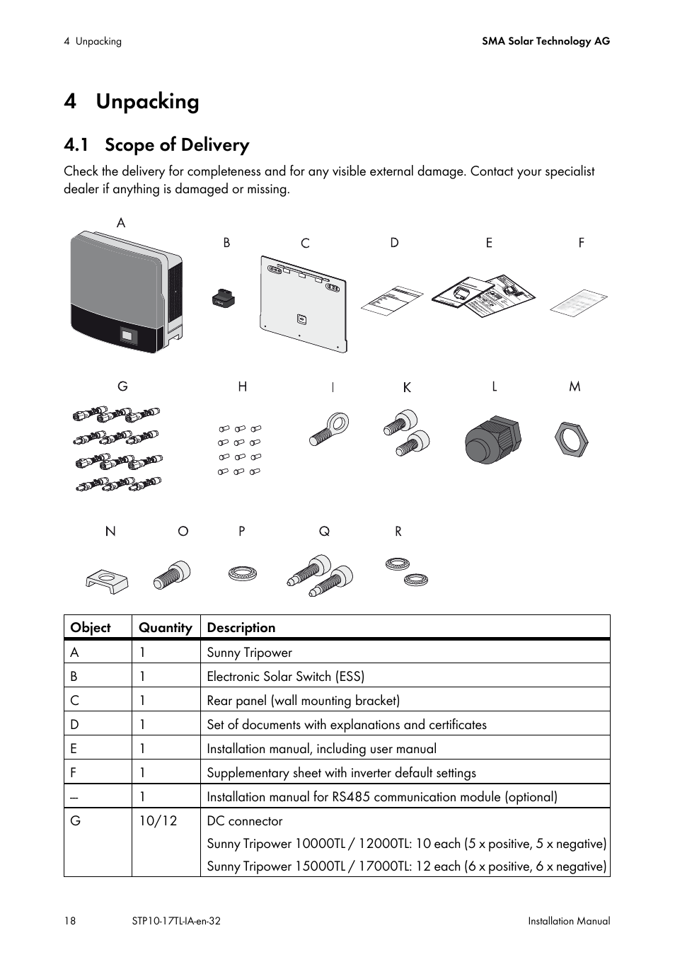 4 unpacking, 1 scope of delivery | SMA STP 10000TL-10 Installation User Manual | Page 18 / 116