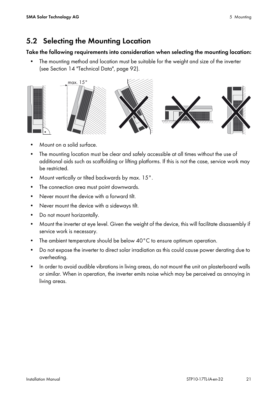 2 selecting the mounting location | SMA STP 10000TL-10 Installation User Manual | Page 21 / 116