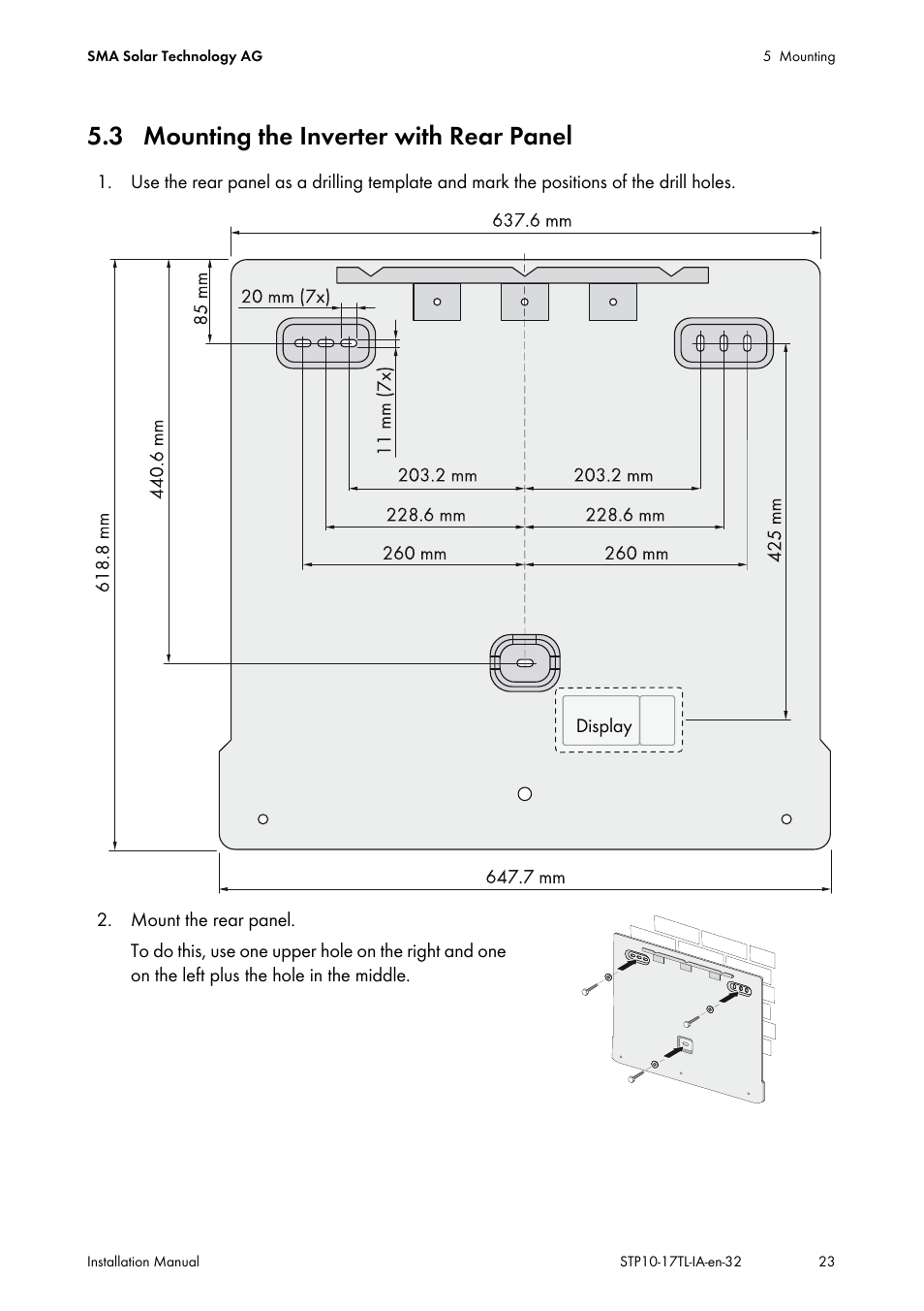 3 mounting the inverter with rear panel | SMA STP 10000TL-10 Installation User Manual | Page 23 / 116