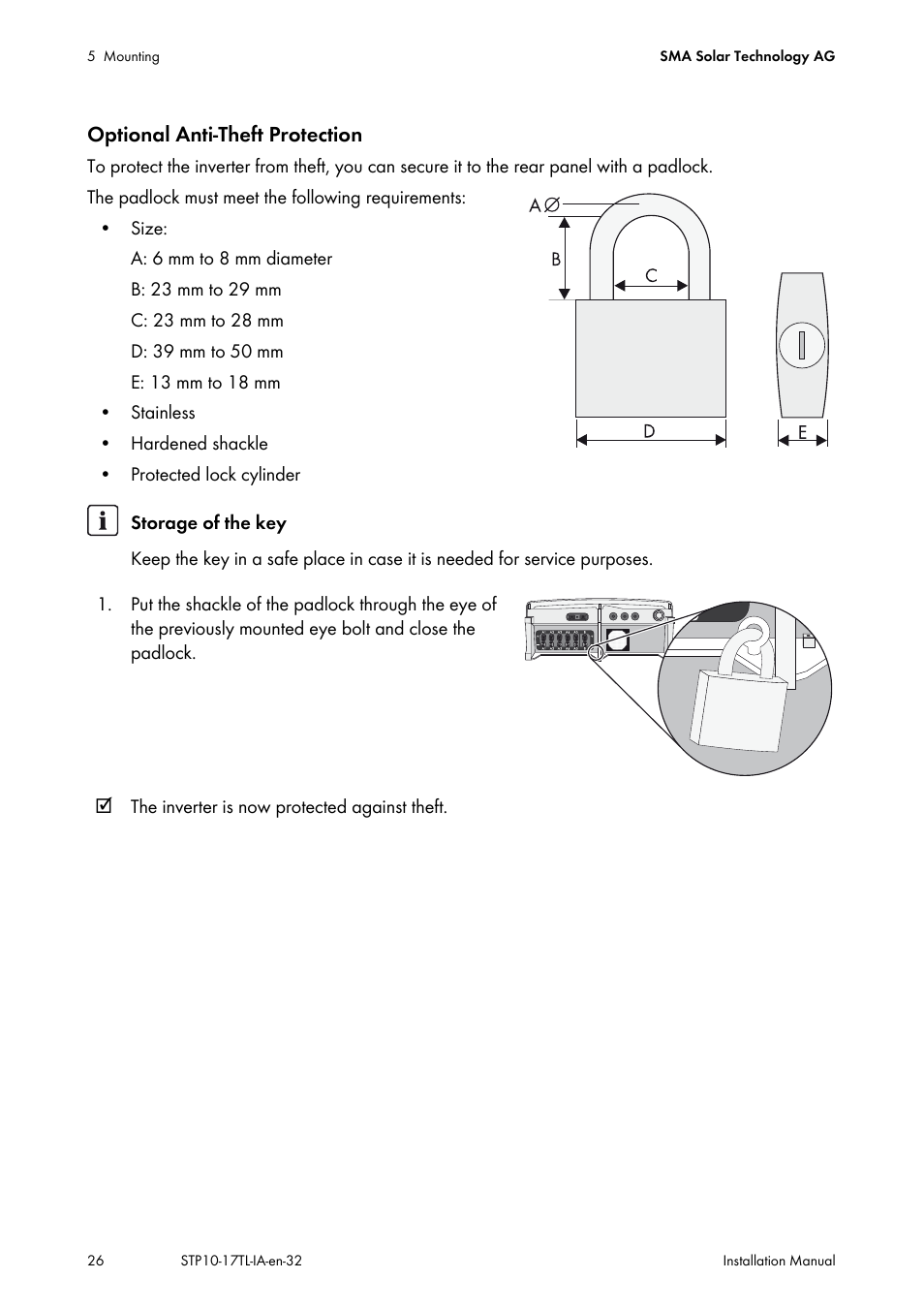 Optional anti-theft protection | SMA STP 10000TL-10 Installation User Manual | Page 26 / 116