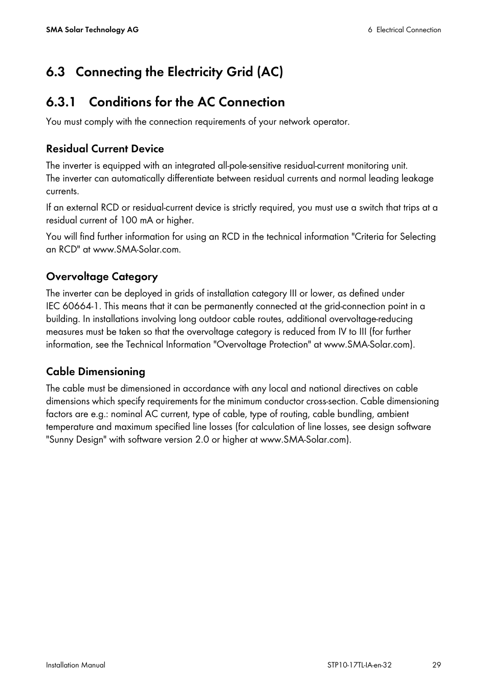 3 connecting the electricity grid (ac), 1 conditions for the ac connection | SMA STP 10000TL-10 Installation User Manual | Page 29 / 116