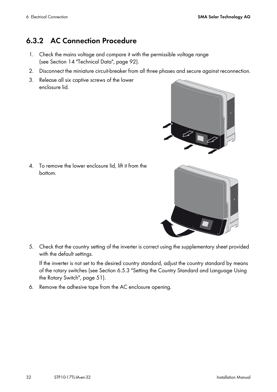 2 ac connection procedure | SMA STP 10000TL-10 Installation User Manual | Page 32 / 116