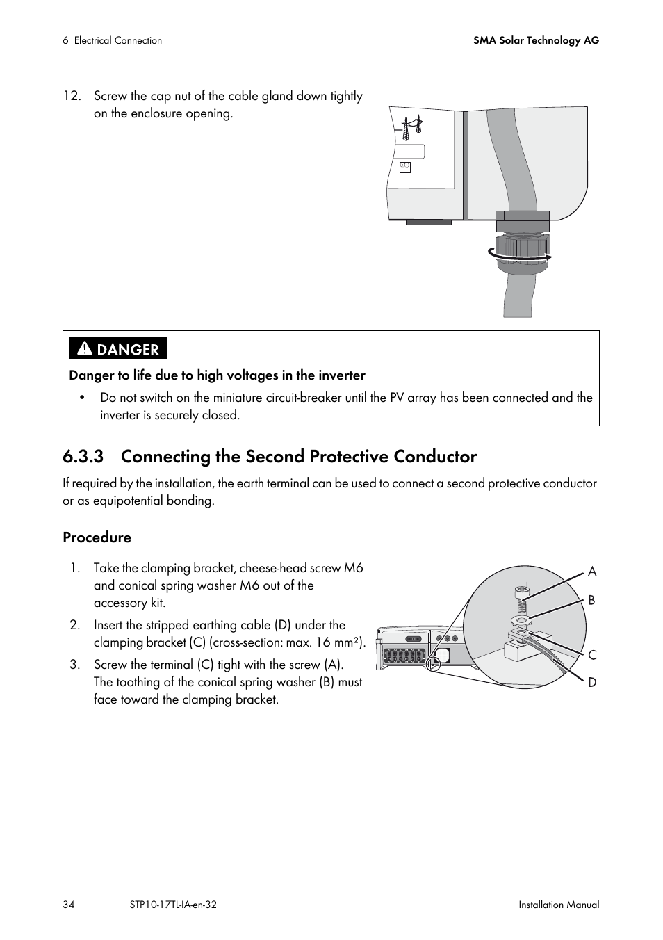 3 connecting the second protective conductor | SMA STP 10000TL-10 Installation User Manual | Page 34 / 116