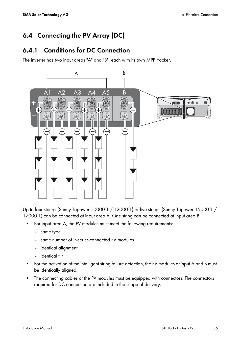 4 connecting the pv array (dc), 1 conditions for dc connection | SMA STP 10000TL-10 Installation User Manual | Page 35 / 116