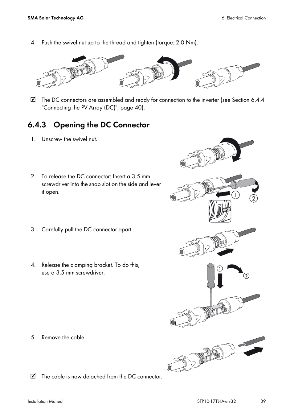 3 opening the dc connector | SMA STP 10000TL-10 Installation User Manual | Page 39 / 116