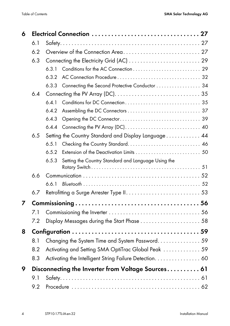 6 electrical connection, 7 commissioning, 8 configuration | 9 disconnecting the inverter from voltage sources | SMA STP 10000TL-10 Installation User Manual | Page 4 / 116