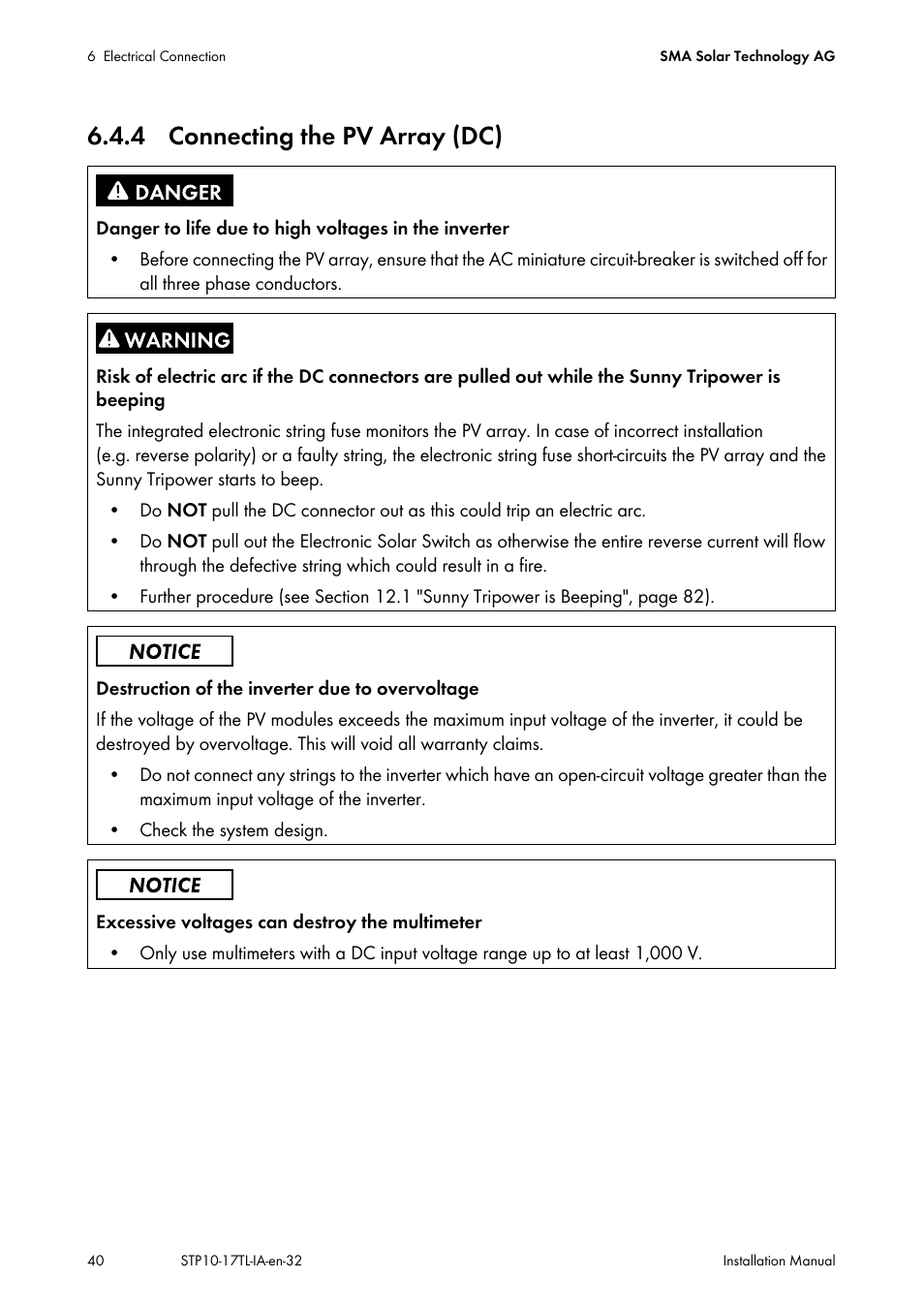 4 connecting the pv array (dc) | SMA STP 10000TL-10 Installation User Manual | Page 40 / 116