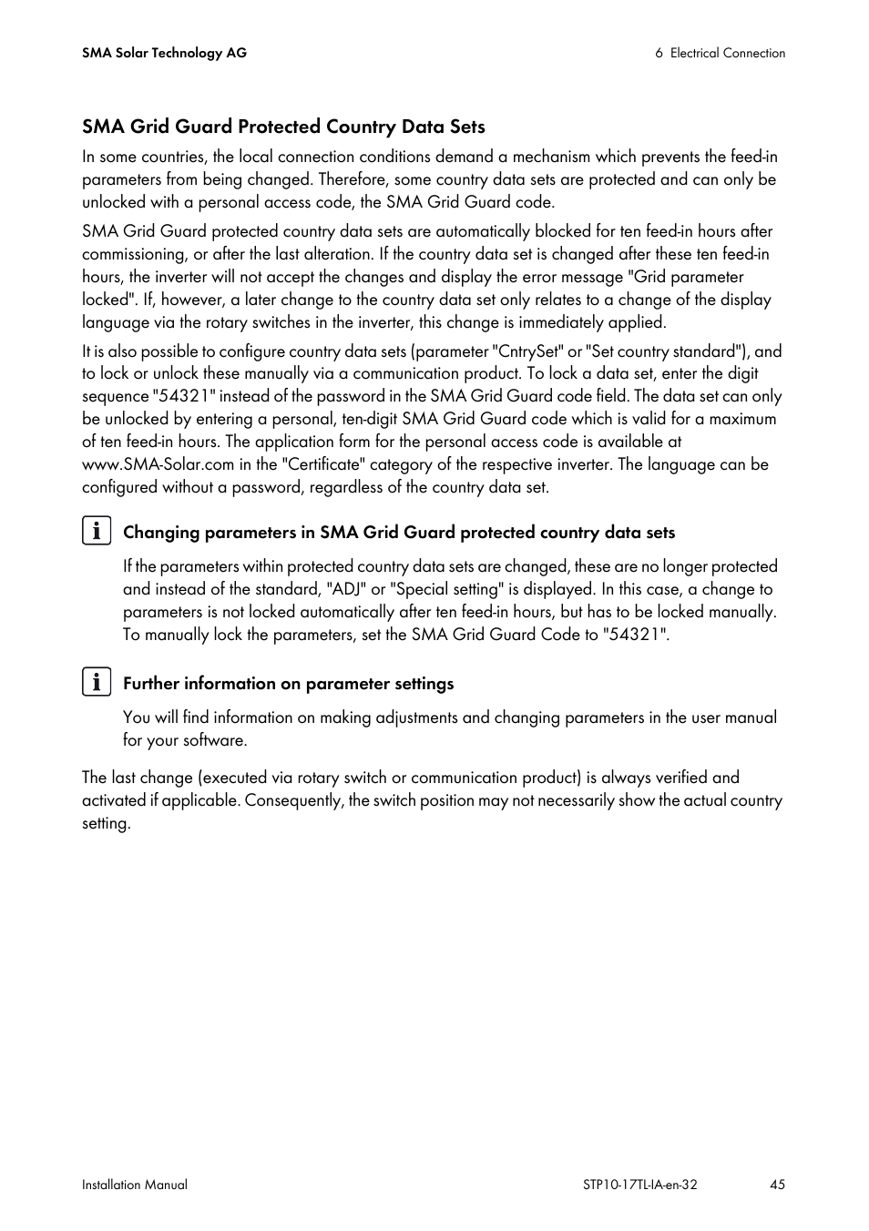 Sma grid guard protected country data sets | SMA STP 10000TL-10 Installation User Manual | Page 45 / 116