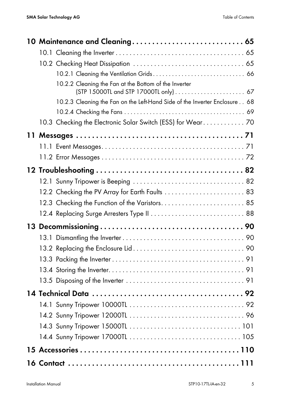 10 maintenance and cleaning, 11 messages, 12 troubleshooting | 13 decommissioning, 14 technical data, 15 accessories 16 contact | SMA STP 10000TL-10 Installation User Manual | Page 5 / 116