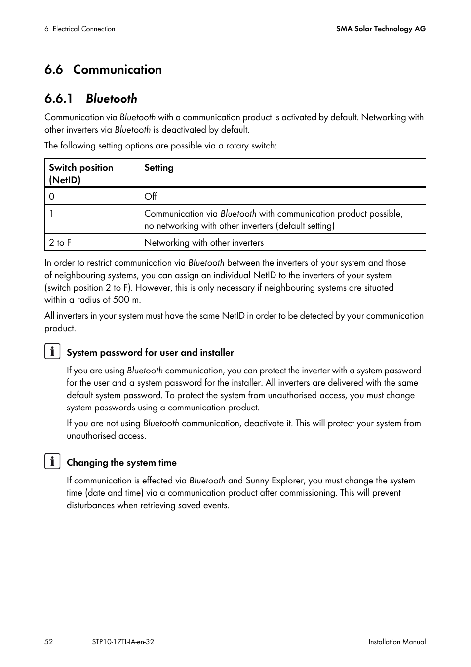 6 communication, 1 bluetooth, 1 blu | 6 communication 6.6.1 bluetooth | SMA STP 10000TL-10 Installation User Manual | Page 52 / 116