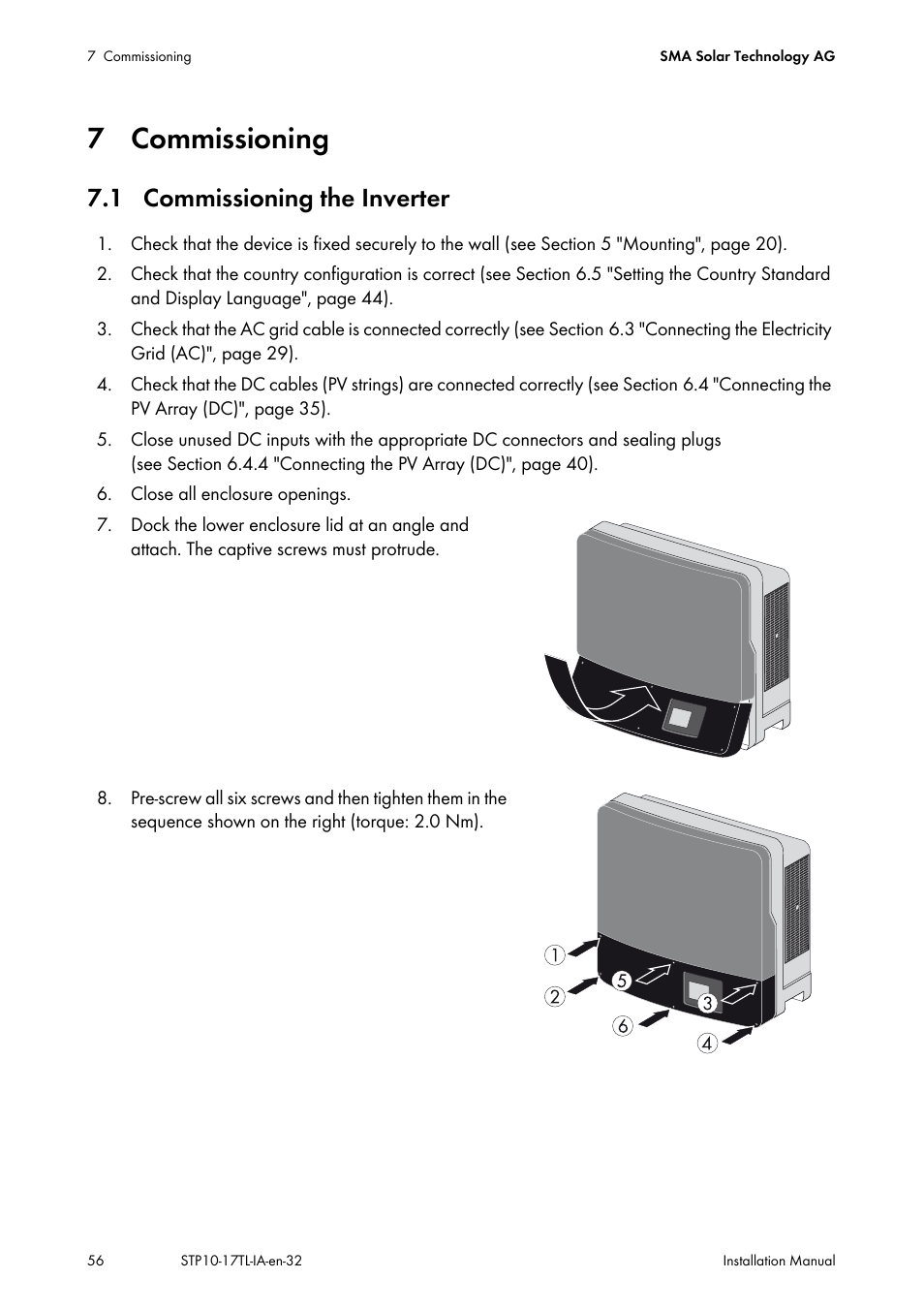 7 commissioning, 1 commissioning the inverter | SMA STP 10000TL-10 Installation User Manual | Page 56 / 116