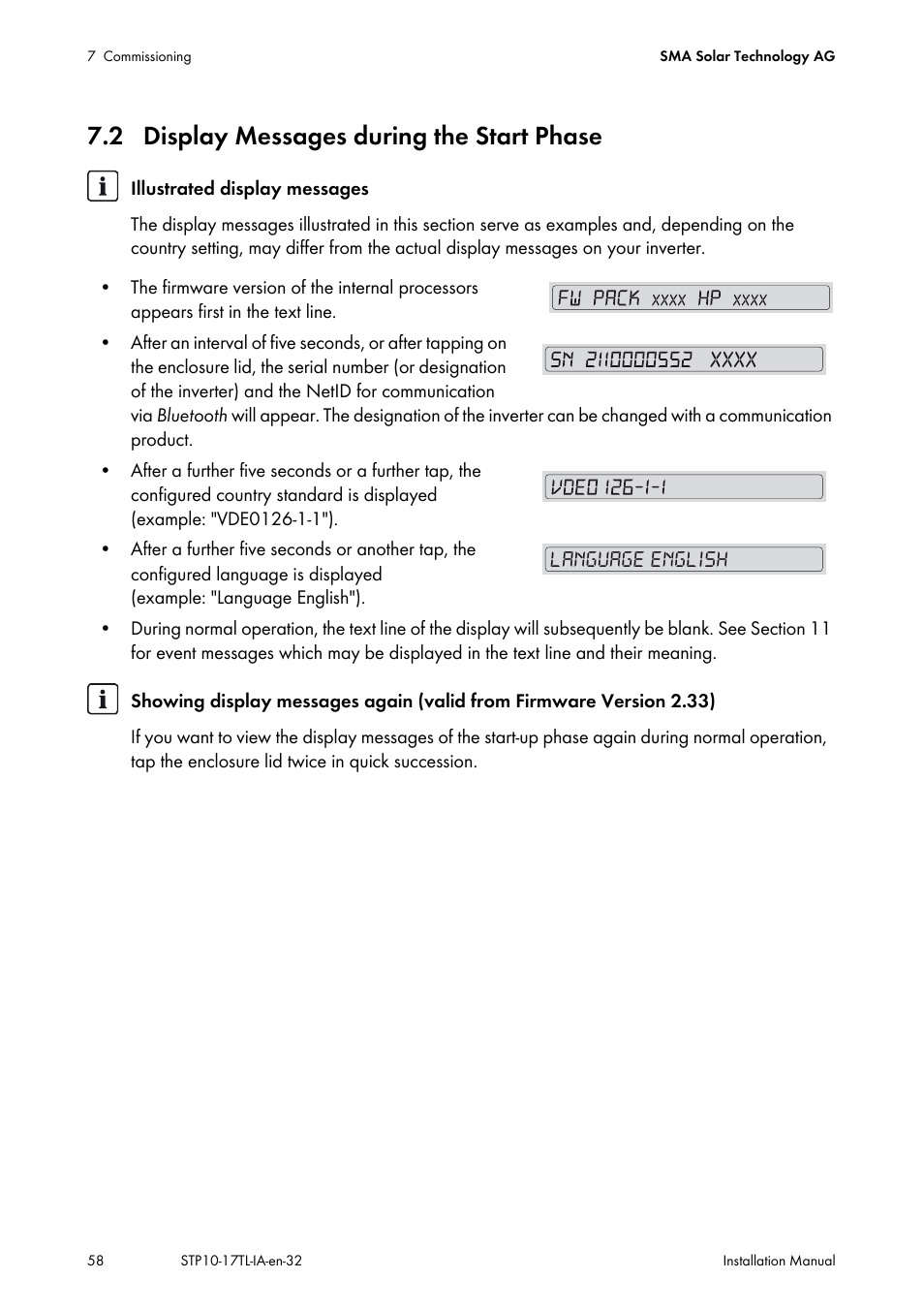 2 display messages during the start phase, Language english | SMA STP 10000TL-10 Installation User Manual | Page 58 / 116