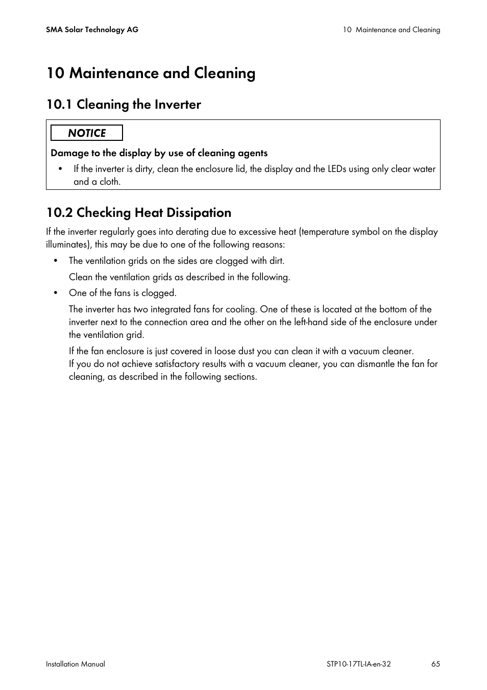 10 maintenance and cleaning, 1 cleaning the inverter, 2 checking heat dissipation | SMA STP 10000TL-10 Installation User Manual | Page 65 / 116