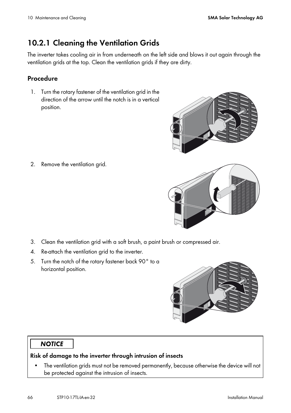 1 cleaning the ventilation grids | SMA STP 10000TL-10 Installation User Manual | Page 66 / 116