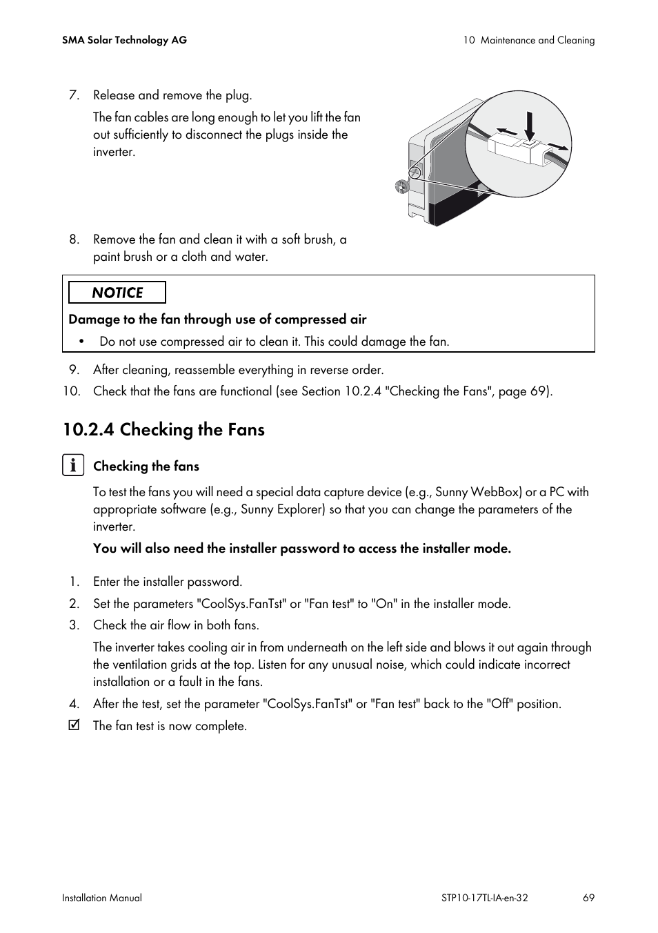 4 checking the fans | SMA STP 10000TL-10 Installation User Manual | Page 69 / 116