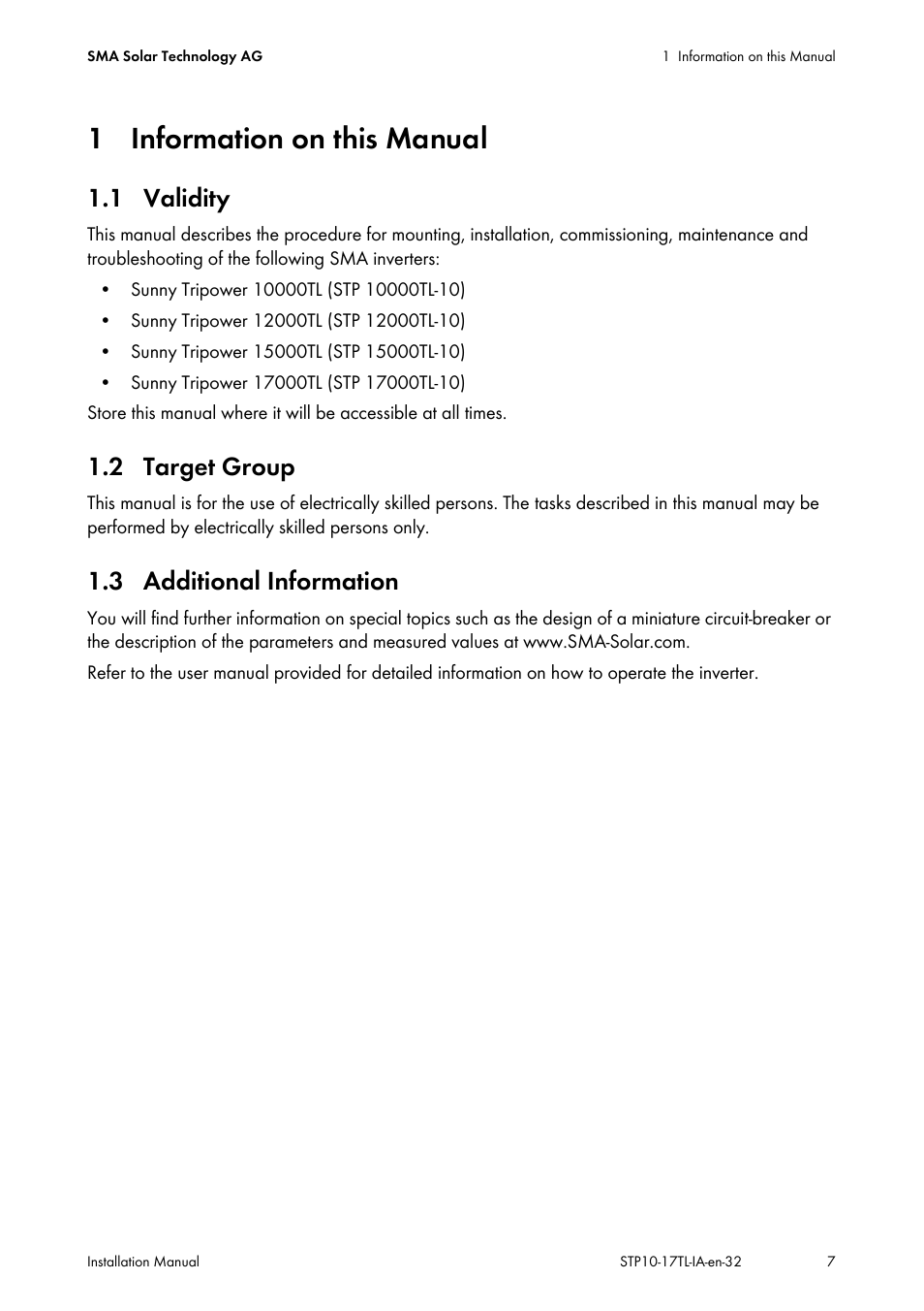 1 information on this manual, 1 validity, 2 target group | 3 additional information | SMA STP 10000TL-10 Installation User Manual | Page 7 / 116