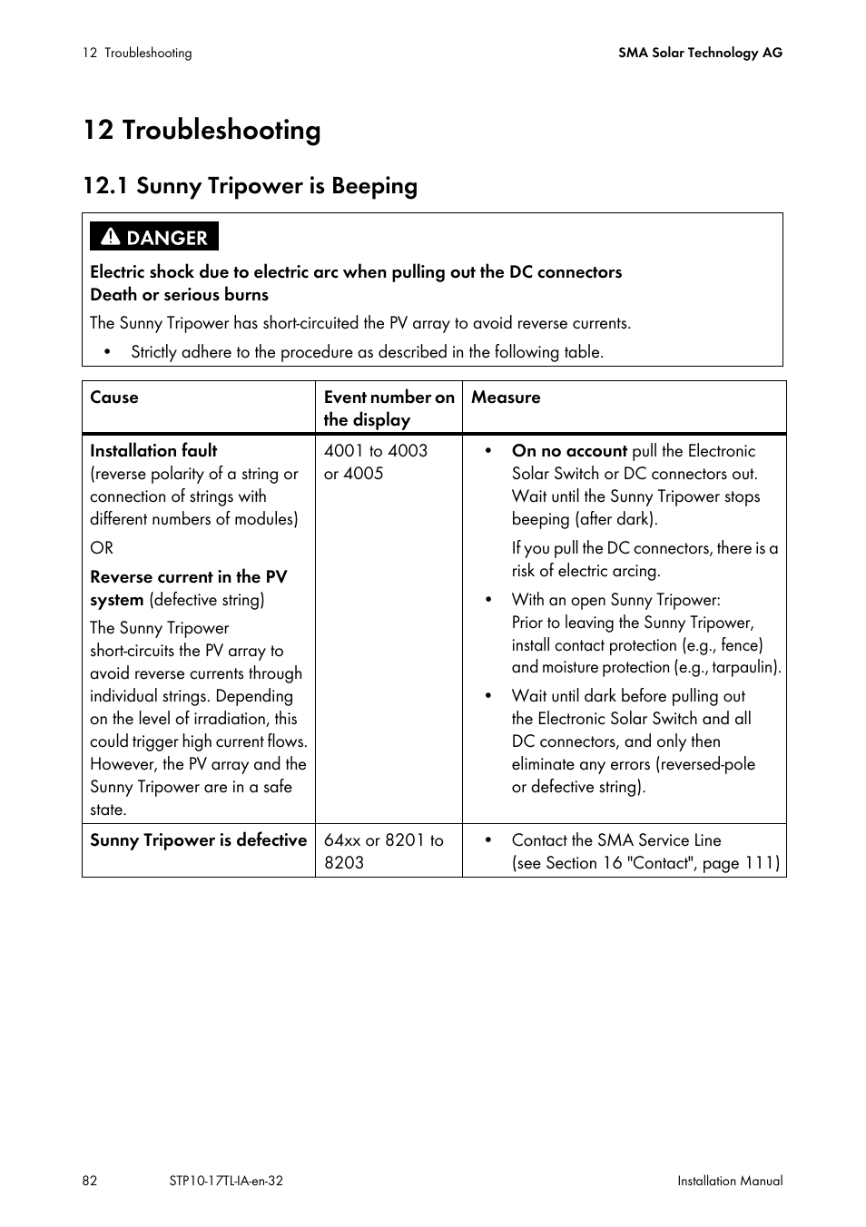 12 troubleshooting, 1 sunny tripower is beeping | SMA STP 10000TL-10 Installation User Manual | Page 82 / 116