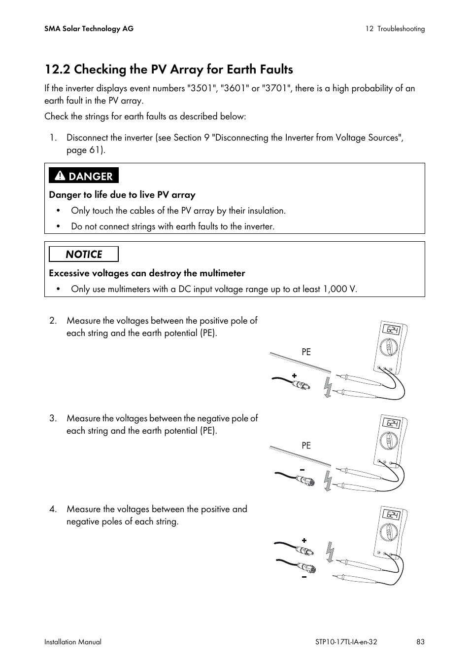 2 checking the pv array for earth faults | SMA STP 10000TL-10 Installation User Manual | Page 83 / 116