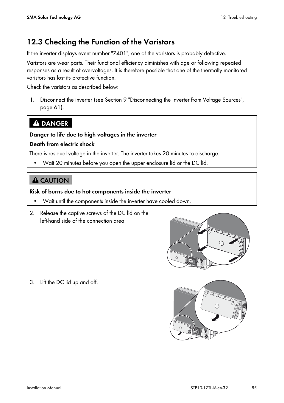 3 checking the function of the varistors, See section 12.3 | SMA STP 10000TL-10 Installation User Manual | Page 85 / 116