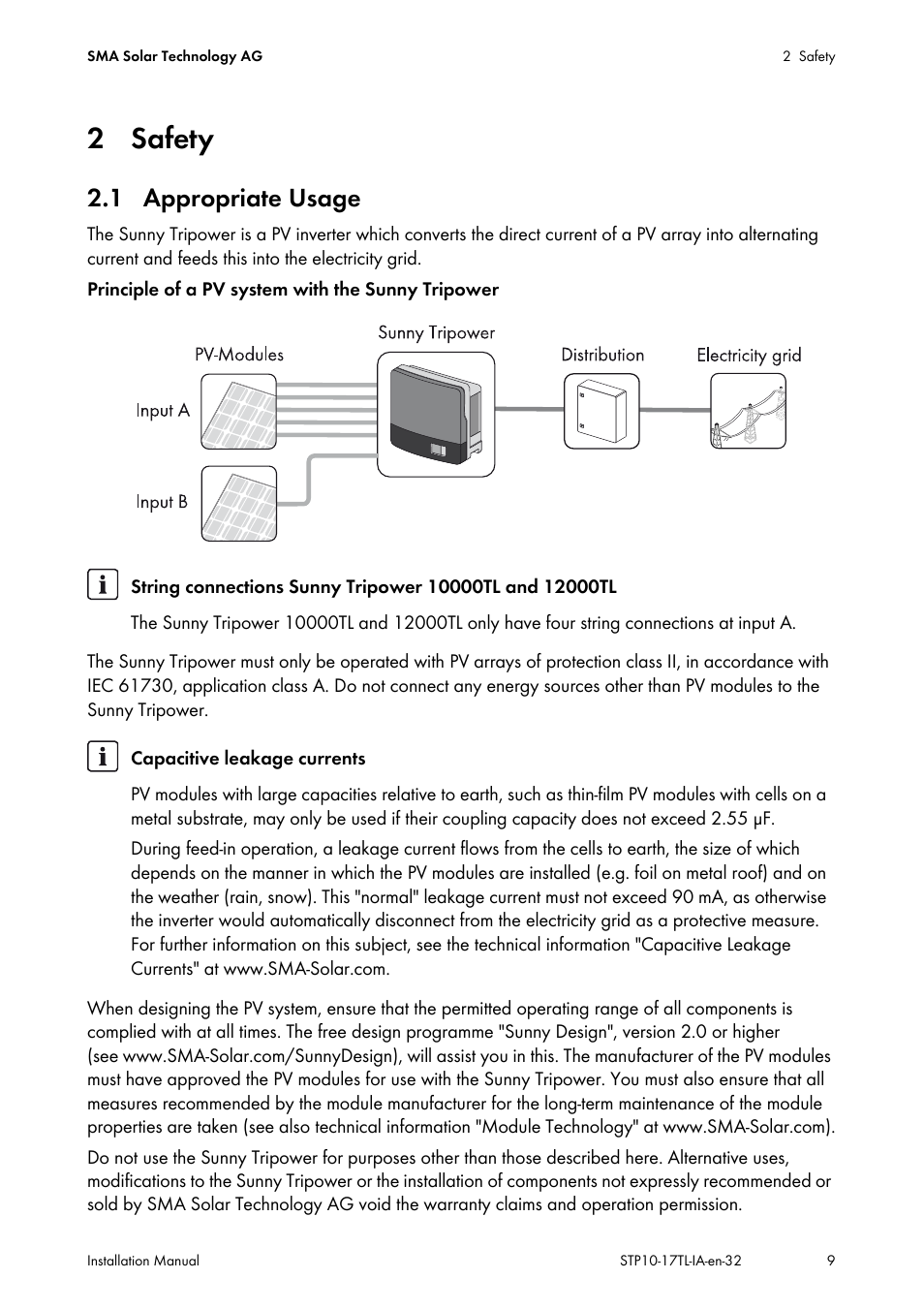 2 safety, 1 appropriate usage | SMA STP 10000TL-10 Installation User Manual | Page 9 / 116