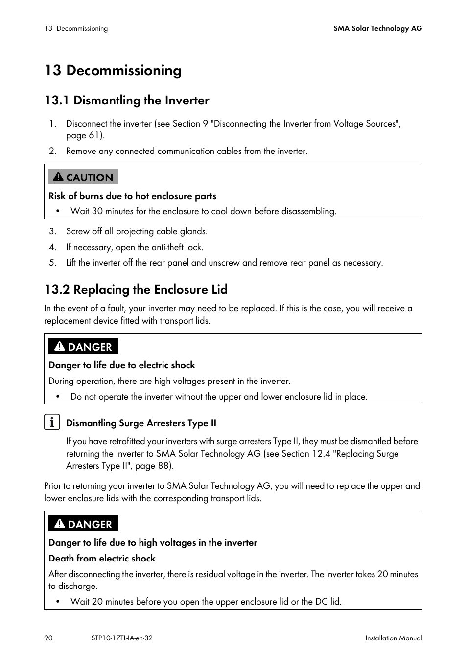 13 decommissioning, 1 dismantling the inverter, 2 replacing the enclosure lid | SMA STP 10000TL-10 Installation User Manual | Page 90 / 116