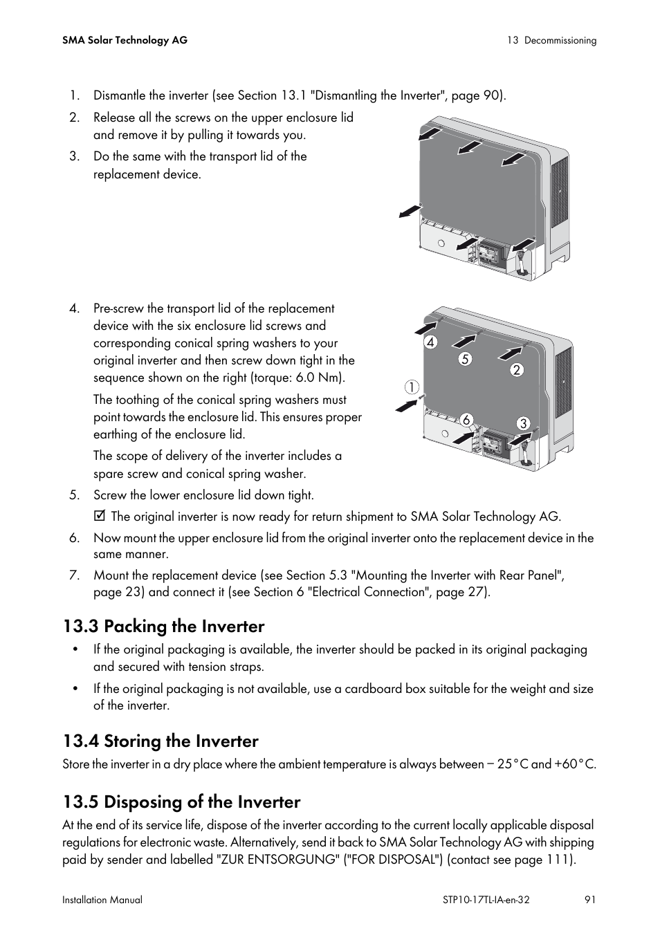 3 packing the inverter, 4 storing the inverter, 5 disposing of the inverter | SMA STP 10000TL-10 Installation User Manual | Page 91 / 116