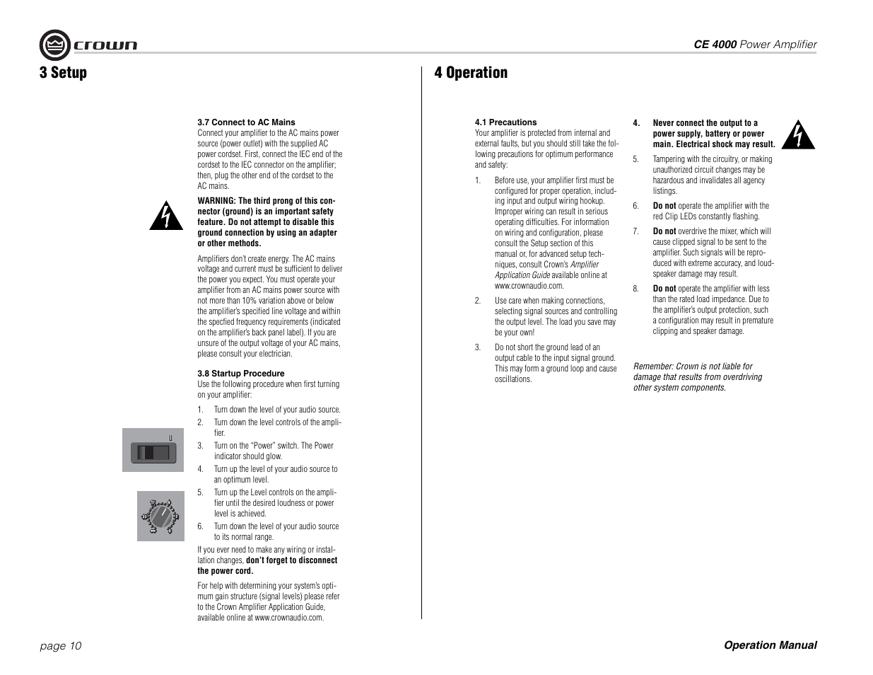 4 operation, 3 setup | Crown Audio ce 4000 User Manual | Page 10 / 24