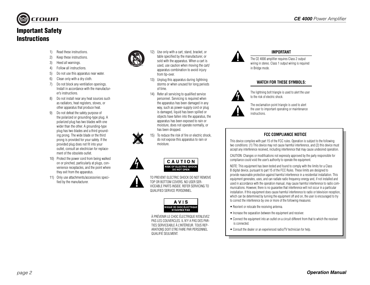 Important safety instructions | Crown Audio ce 4000 User Manual | Page 2 / 24