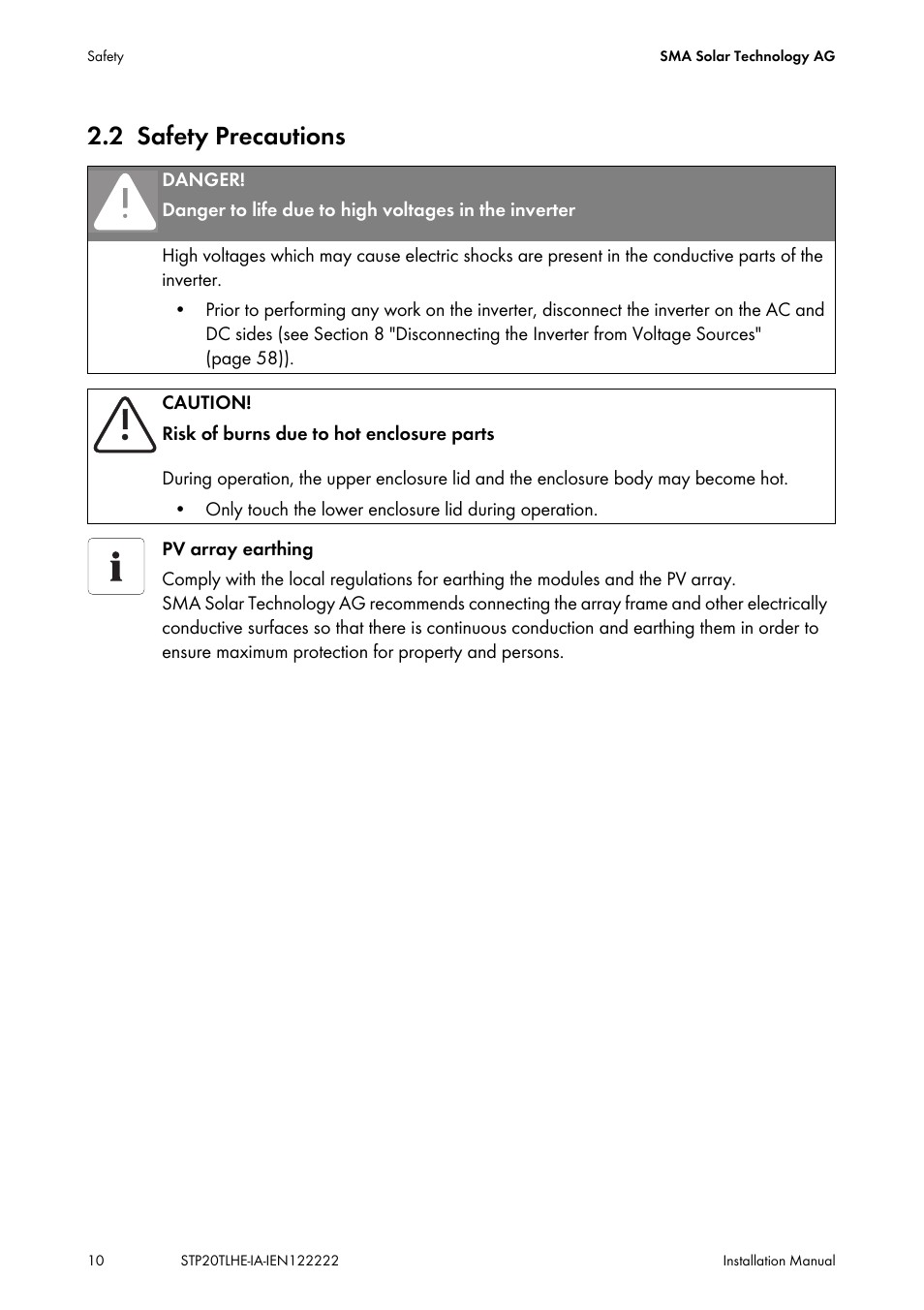 2 safety precautions, Safety precautions | SMA STP 15000TL Installation User Manual | Page 10 / 96