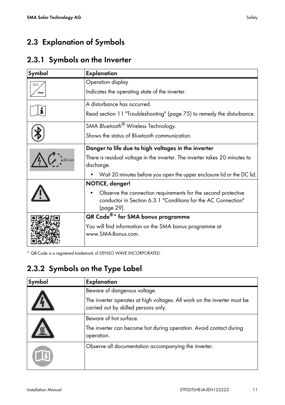 3 explanation of symbols, 1 symbols on the inverter, 2 symbols on the type label | Explanation of symbols, Symbols on the inverter, Symbols on the type label | SMA STP 15000TL Installation User Manual | Page 11 / 96