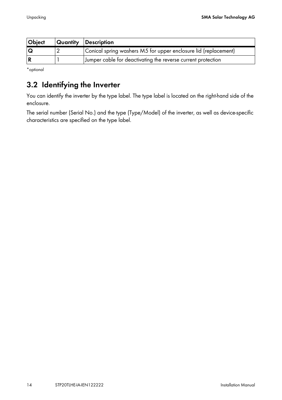 2 identifying the inverter, Identifying the inverter | SMA STP 15000TL Installation User Manual | Page 14 / 96