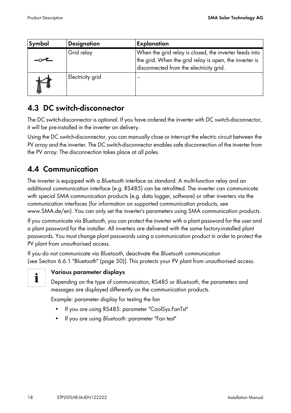 3 dc switch-disconnector, 4 communication, Dc switch-disconnector | Communication | SMA STP 15000TL Installation User Manual | Page 18 / 96