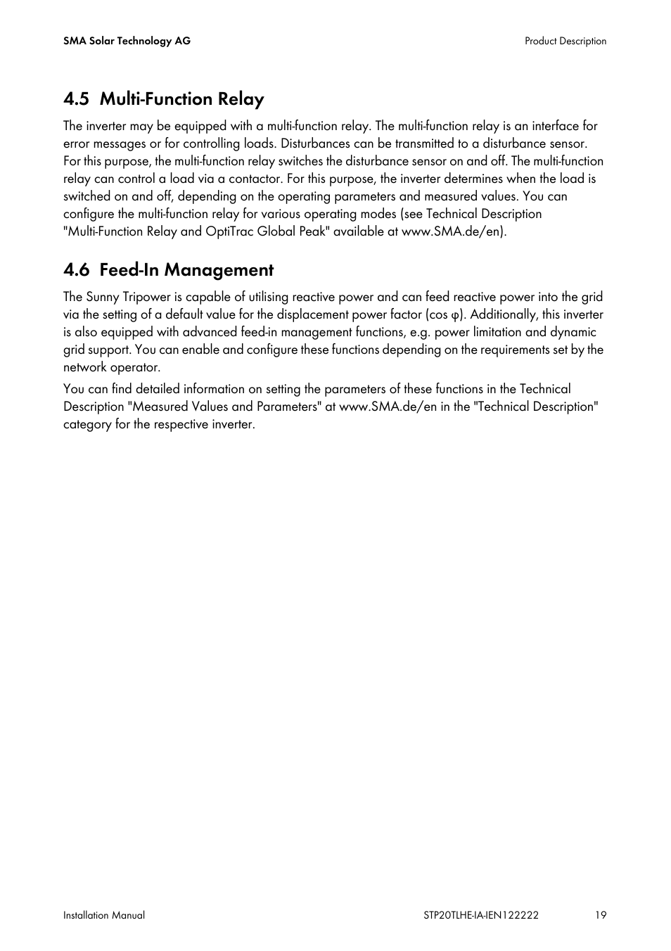 5 multi-function relay, 6 feed-in management, Multi-function relay | Feed-in management | SMA STP 15000TL Installation User Manual | Page 19 / 96