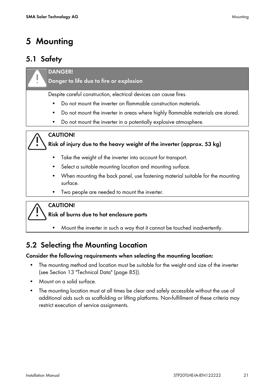 5 mounting, 1 safety, 2 selecting the mounting location | Mounting, Safety, Selecting the mounting location, 1 safety 5.2 selecting the mounting location | SMA STP 15000TL Installation User Manual | Page 21 / 96