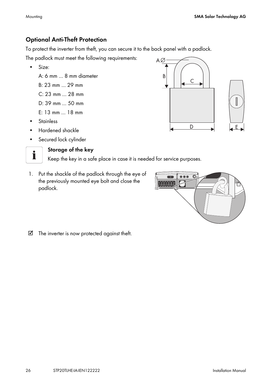 Optional anti-theft protection | SMA STP 15000TL Installation User Manual | Page 26 / 96