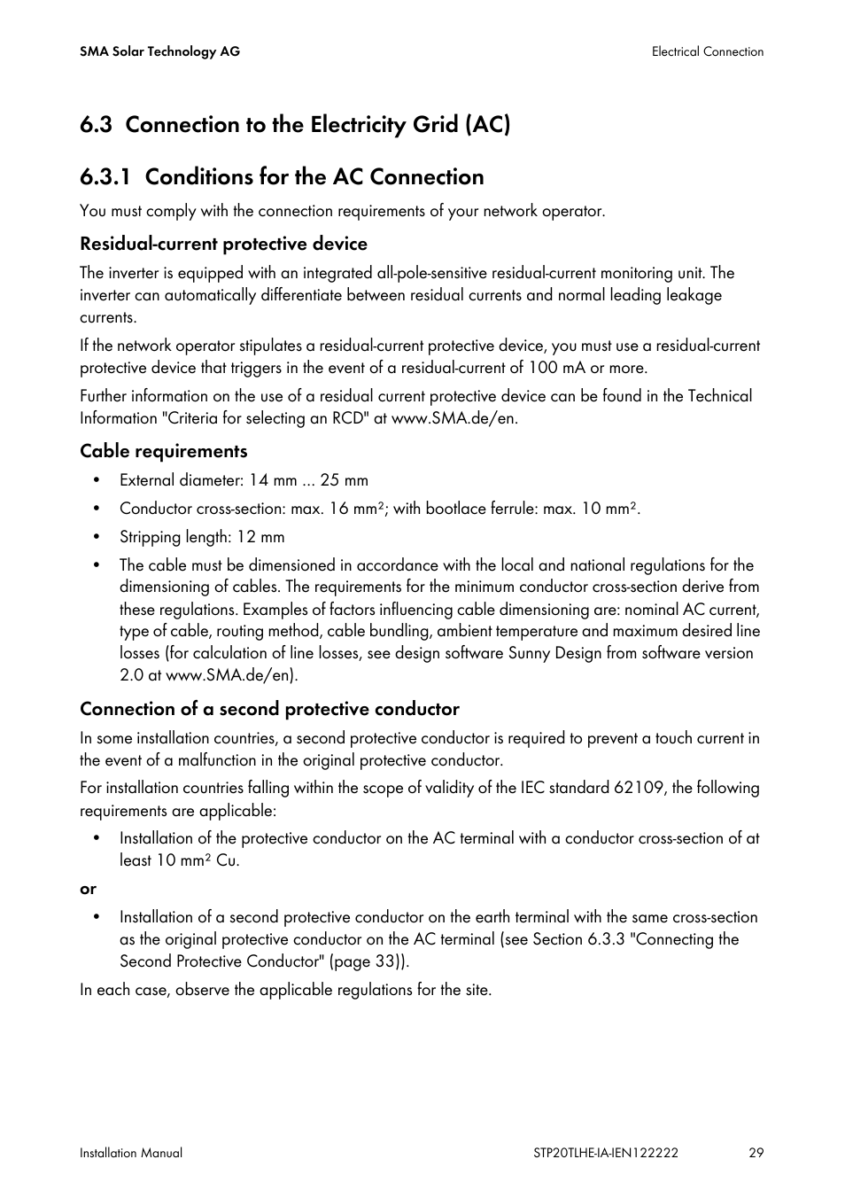 3 connection to the electricity grid (ac), 1 conditions for the ac connection, Connection to the electricity grid (ac) | Conditions for the ac connection | SMA STP 15000TL Installation User Manual | Page 29 / 96