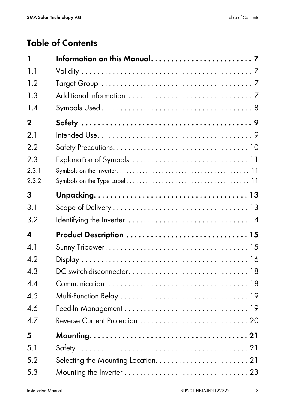 SMA STP 15000TL Installation User Manual | Page 3 / 96