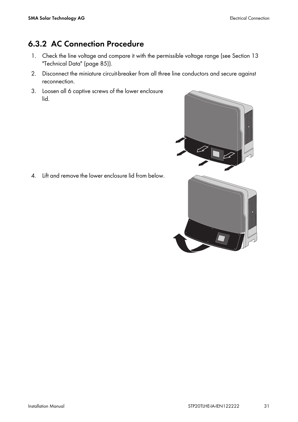 2 ac connection procedure, Ac connection procedure | SMA STP 15000TL Installation User Manual | Page 31 / 96