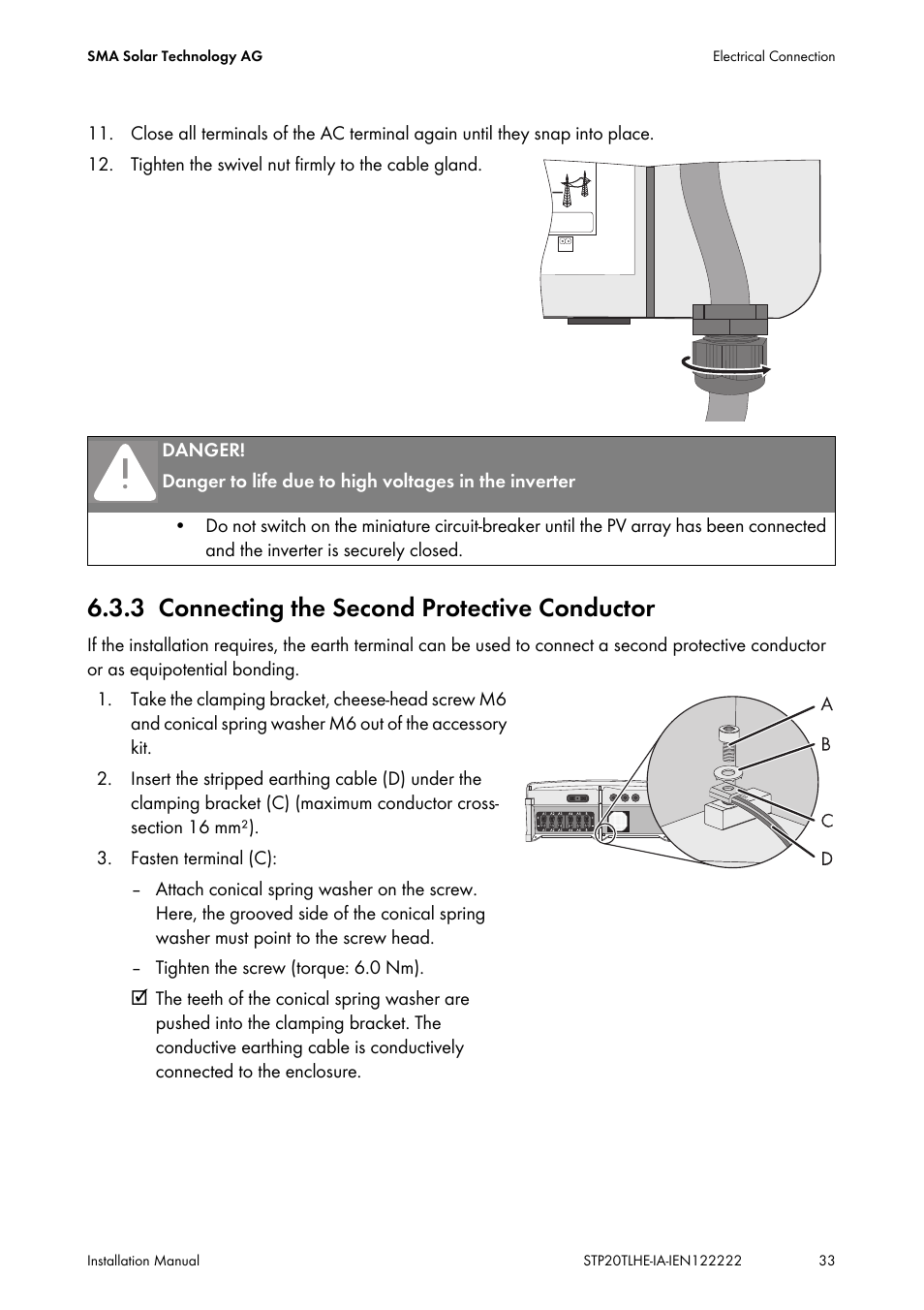 3 connecting the second protective conductor, Connecting the second protective conductor | SMA STP 15000TL Installation User Manual | Page 33 / 96