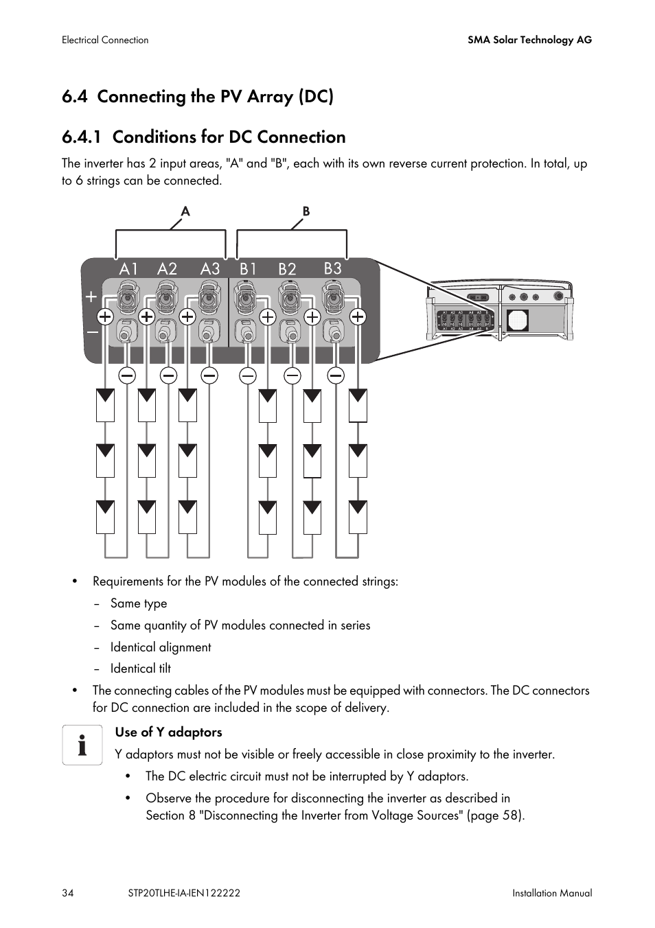 4 connecting the pv array (dc), 1 conditions for dc connection, Connecting the pv array (dc) | Conditions for dc connection | SMA STP 15000TL Installation User Manual | Page 34 / 96