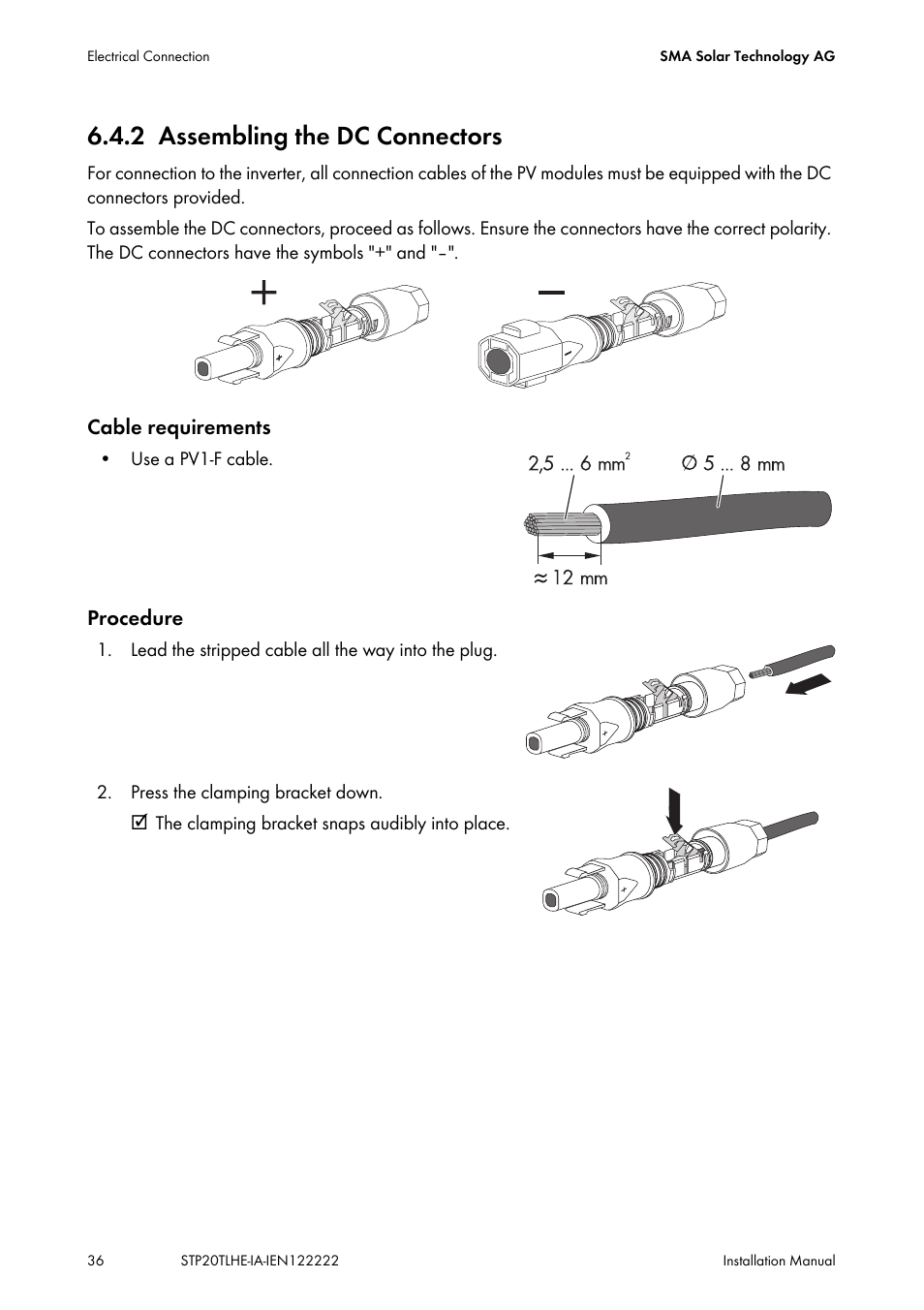 2 assembling the dc connectors, Assembling the dc connectors | SMA STP 15000TL Installation User Manual | Page 36 / 96