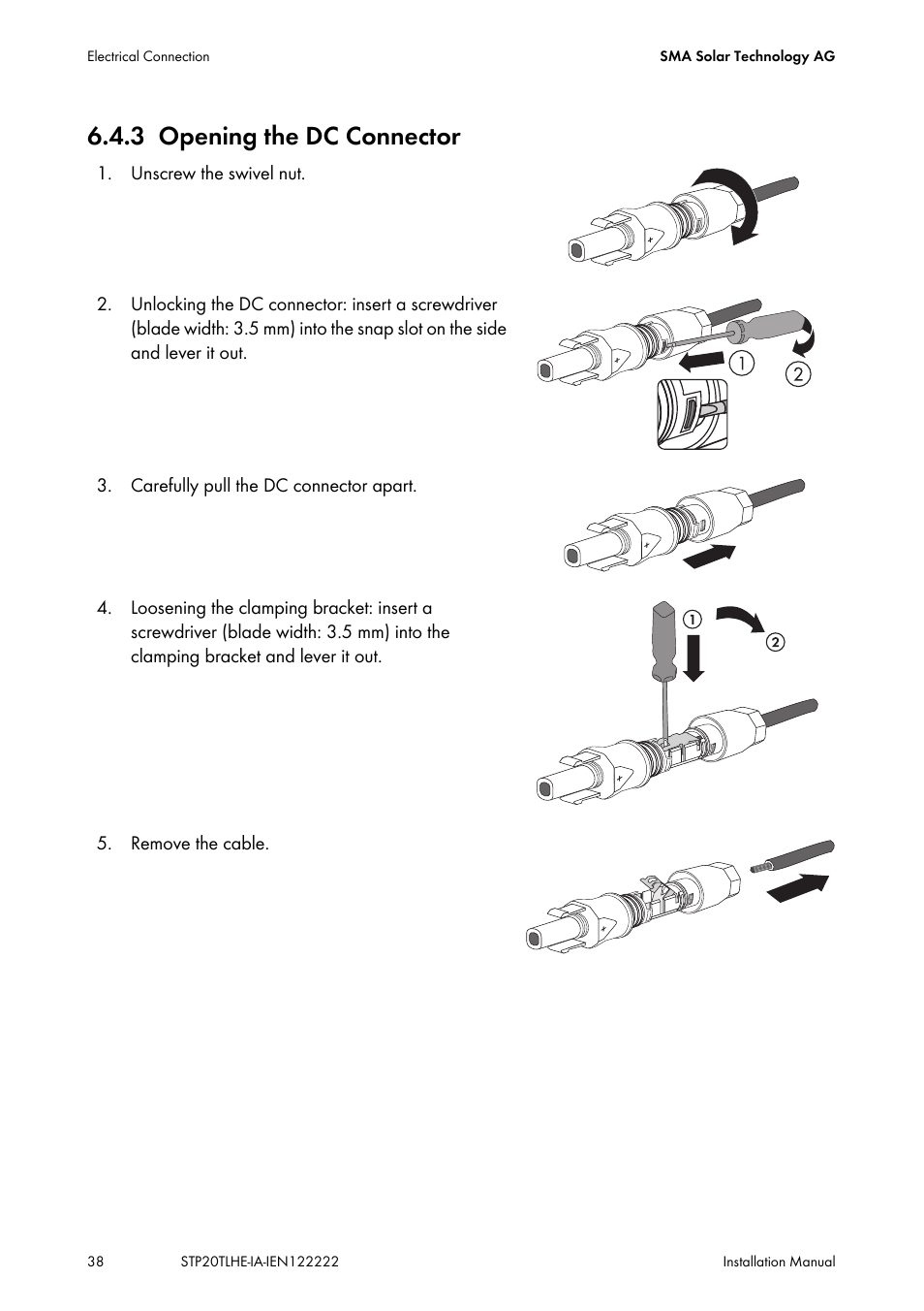 3 opening the dc connector, Opening the dc connector | SMA STP 15000TL Installation User Manual | Page 38 / 96