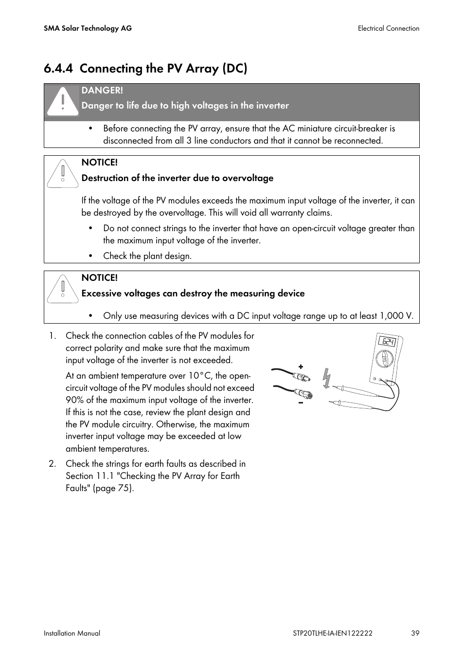 4 connecting the pv array (dc), Connecting the pv array (dc) | SMA STP 15000TL Installation User Manual | Page 39 / 96