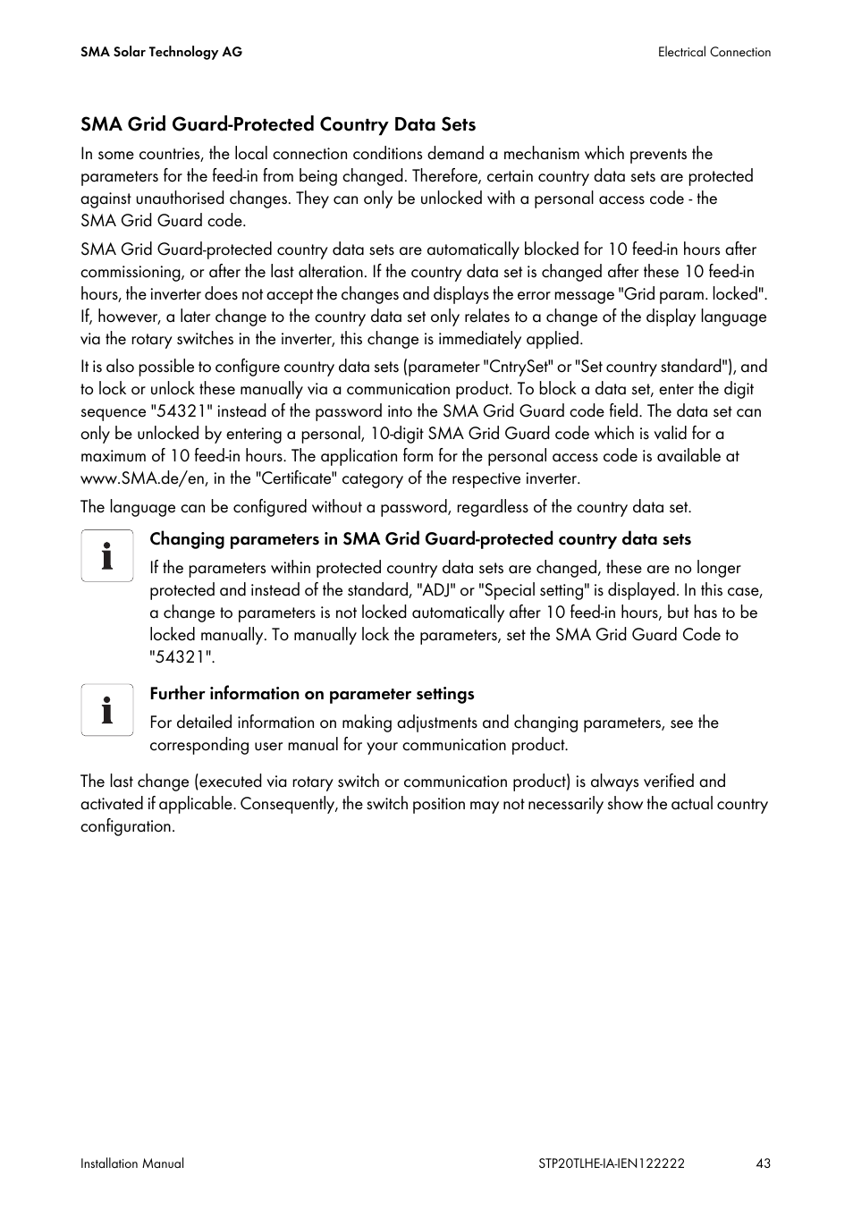 Sma grid guard-protected country data sets | SMA STP 15000TL Installation User Manual | Page 43 / 96